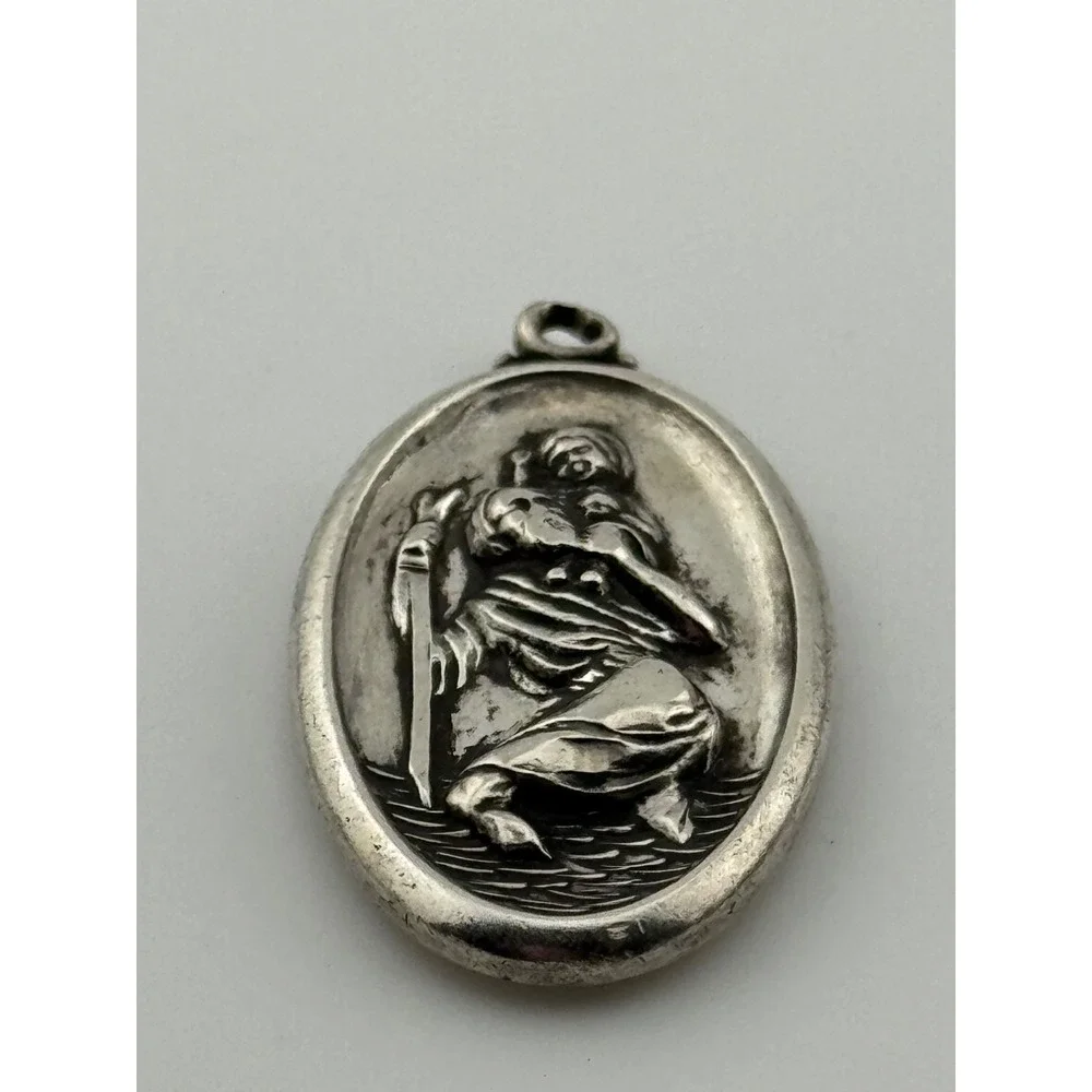 Vintage Theda Sterling Silver‎ Saint St Christopher Medal Pendant Oval Shape